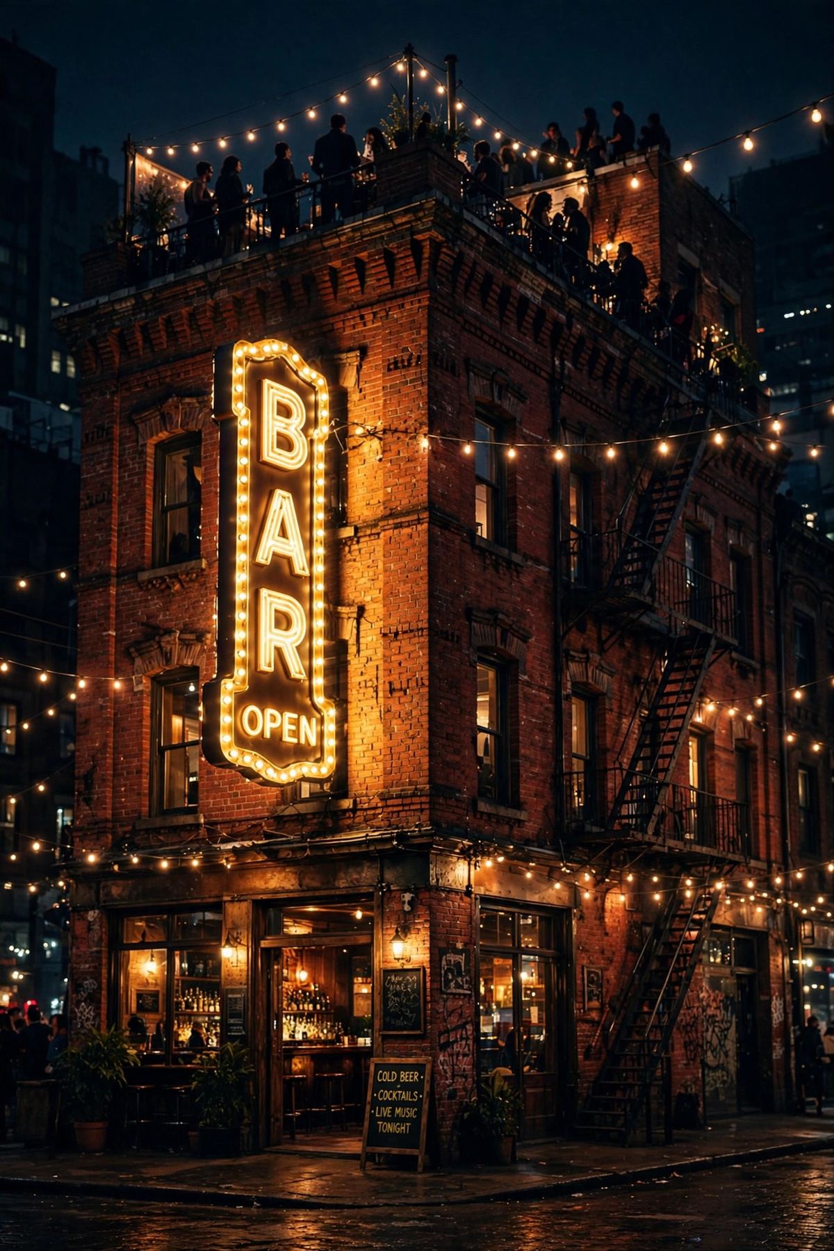 The Blue Beet brick building at night with glowing marquee and rooftop crowd